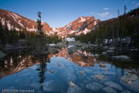 Lake Haiyaha, reflection, alpenglow, Hallett Peak